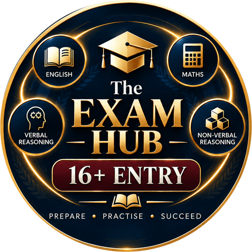 The Exam Hub 16+ Entry badge: English, Maths, verbal and non-verbal reasoning